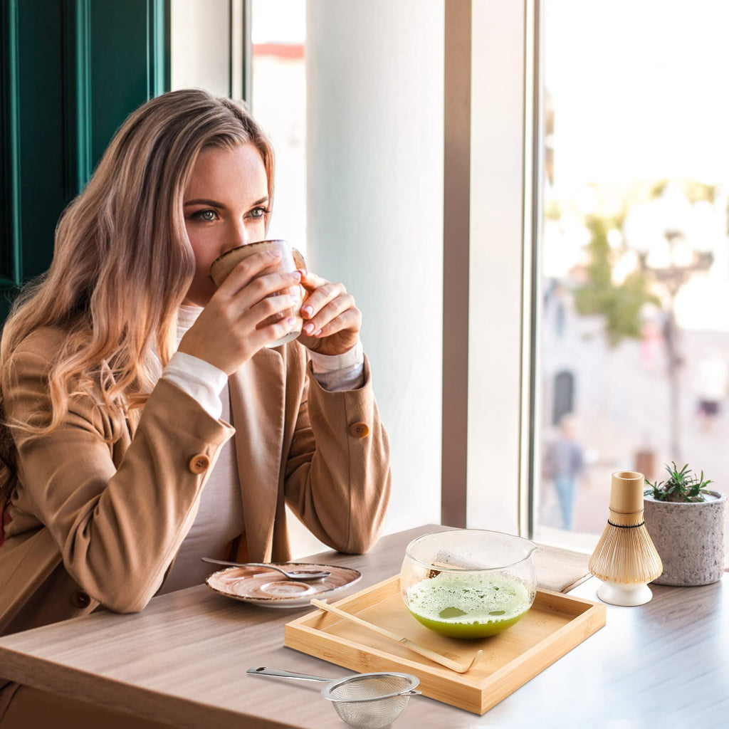 Ceremonial Matcha Tea Set – 6 - Piece Glass Kit with Textured Spout Bowl (No Tray) - ZENRC Matcha Set