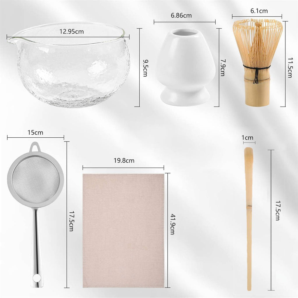 Ceremonial Matcha Tea Set – 6 - Piece Glass Kit with Textured Spout Bowl (No Tray) - ZENRC Matcha Set