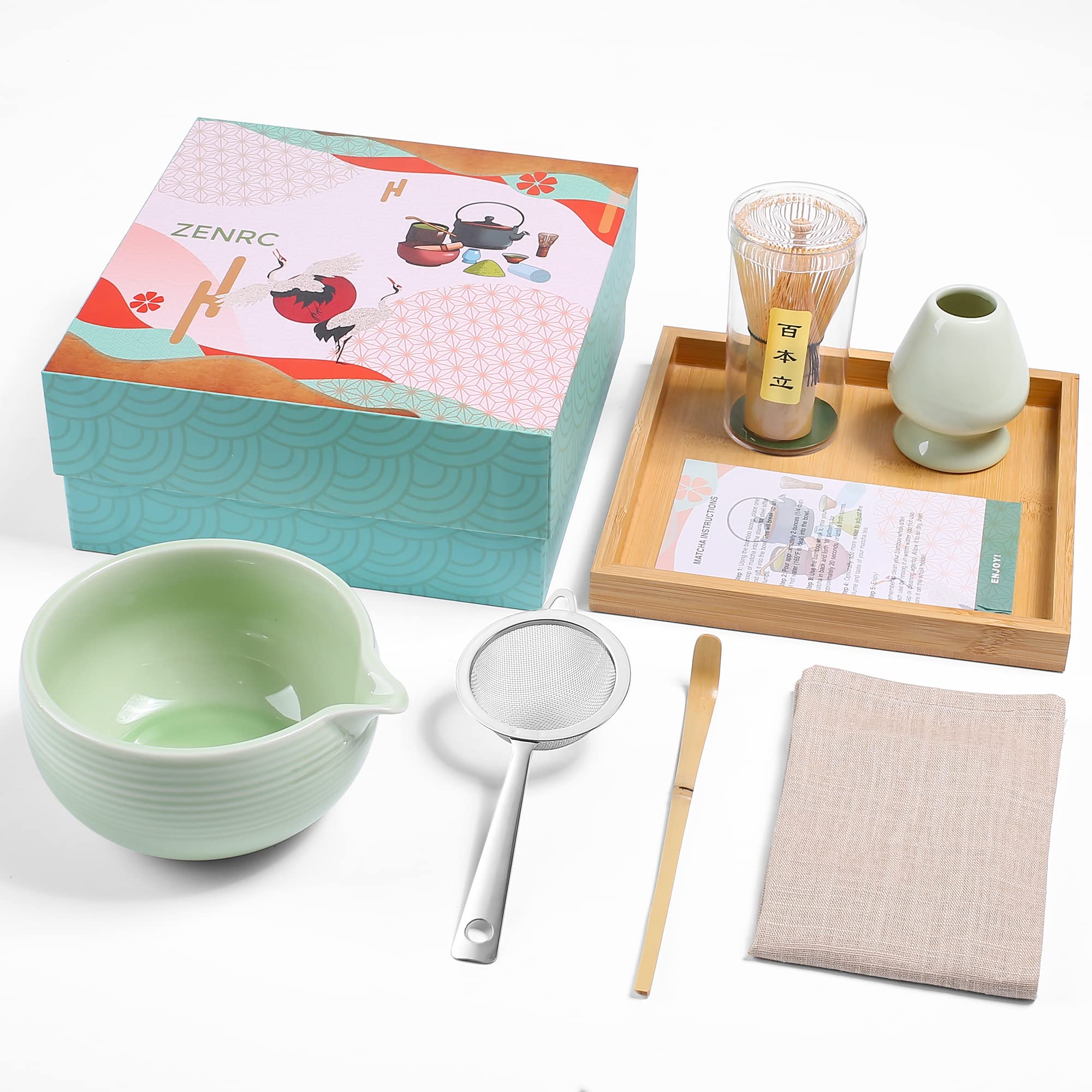 Apple Green Cute Matcha Set 7-Piece – Pastel Spout Bowl & Tray Kit