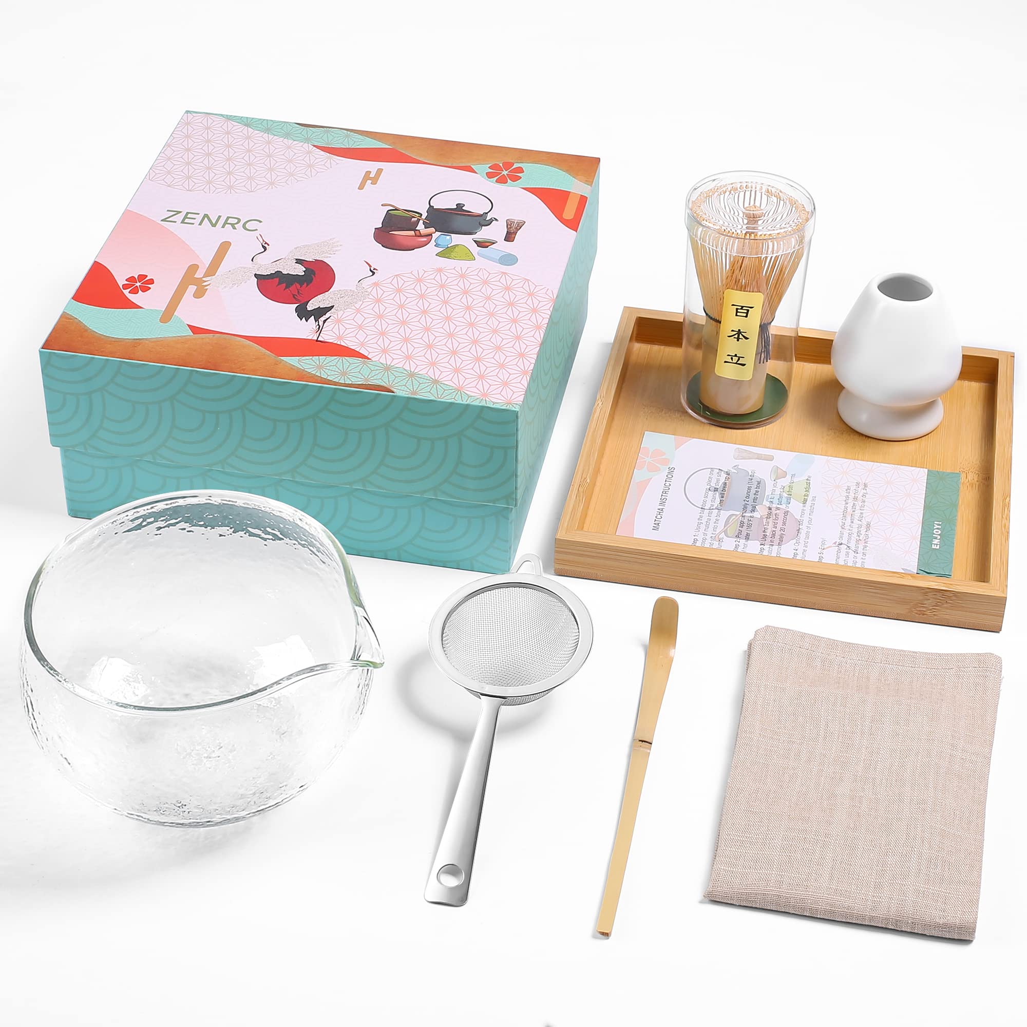 Glass Matcha Set – 7 - Piece Kit with Textured Spout Bowl & Tea Tray - ZENRC Matcha Set
