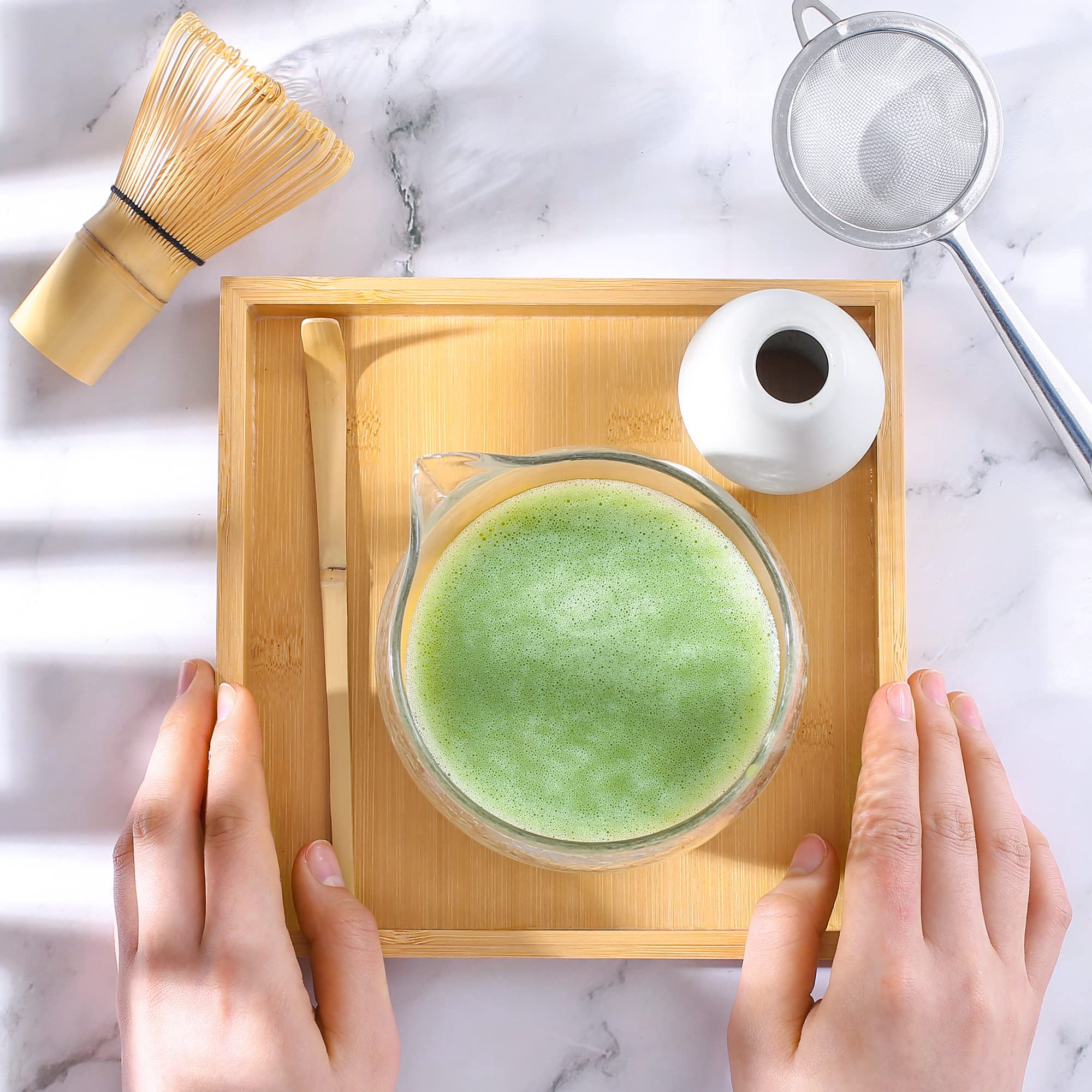 Glass Matcha Set – 7 - Piece Kit with Textured Spout Bowl & Tea Tray - ZENRC Matcha Set