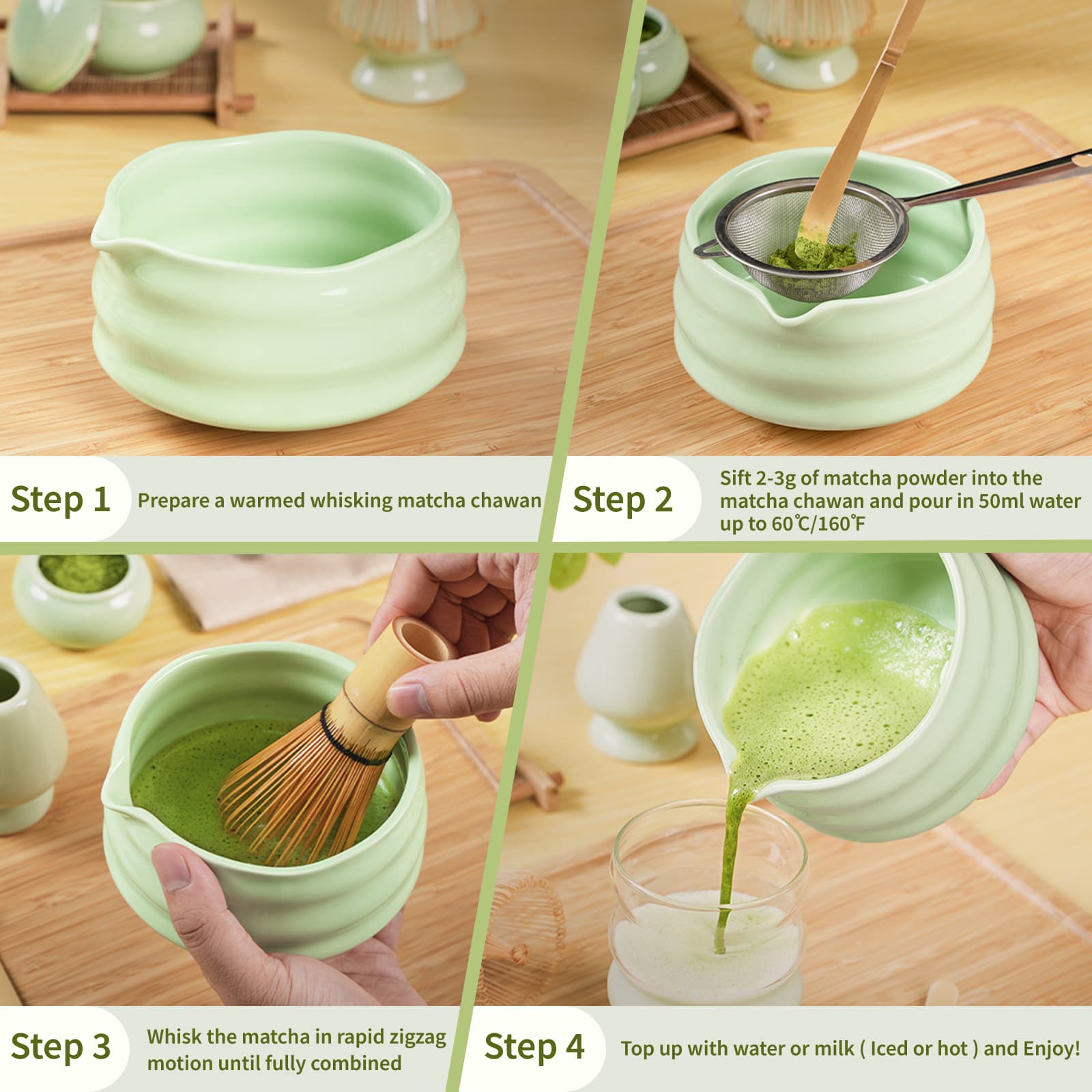 Luxury Matcha Set – 6 - Piece Ceramic Kit with Spout Bowl (No Tray) - ZENRC Matcha Set