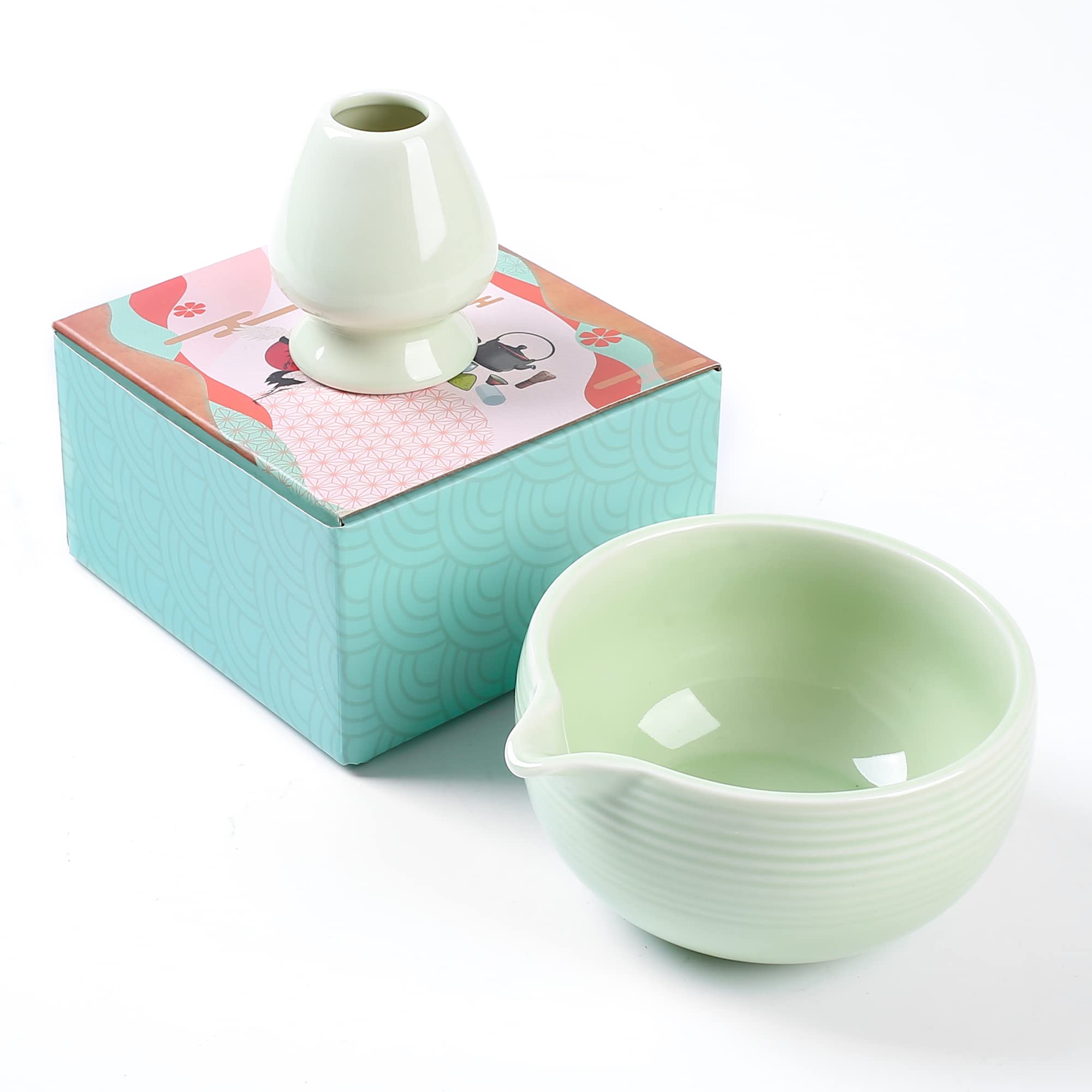 Matcha Bowl with Whisk Holder – Spout Chawan & Ceramic Reshaper (2 - Piece) - ZENRC Matcha Set