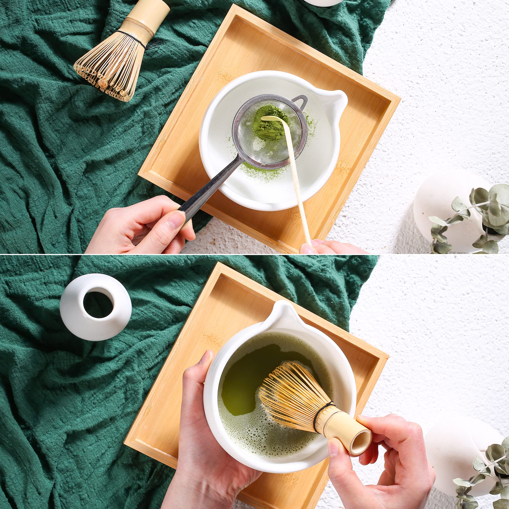 Matcha Bowl with Whisk Holder – Spout Chawan & Ceramic Reshaper (2 - Piece) - ZENRC Matcha Set
