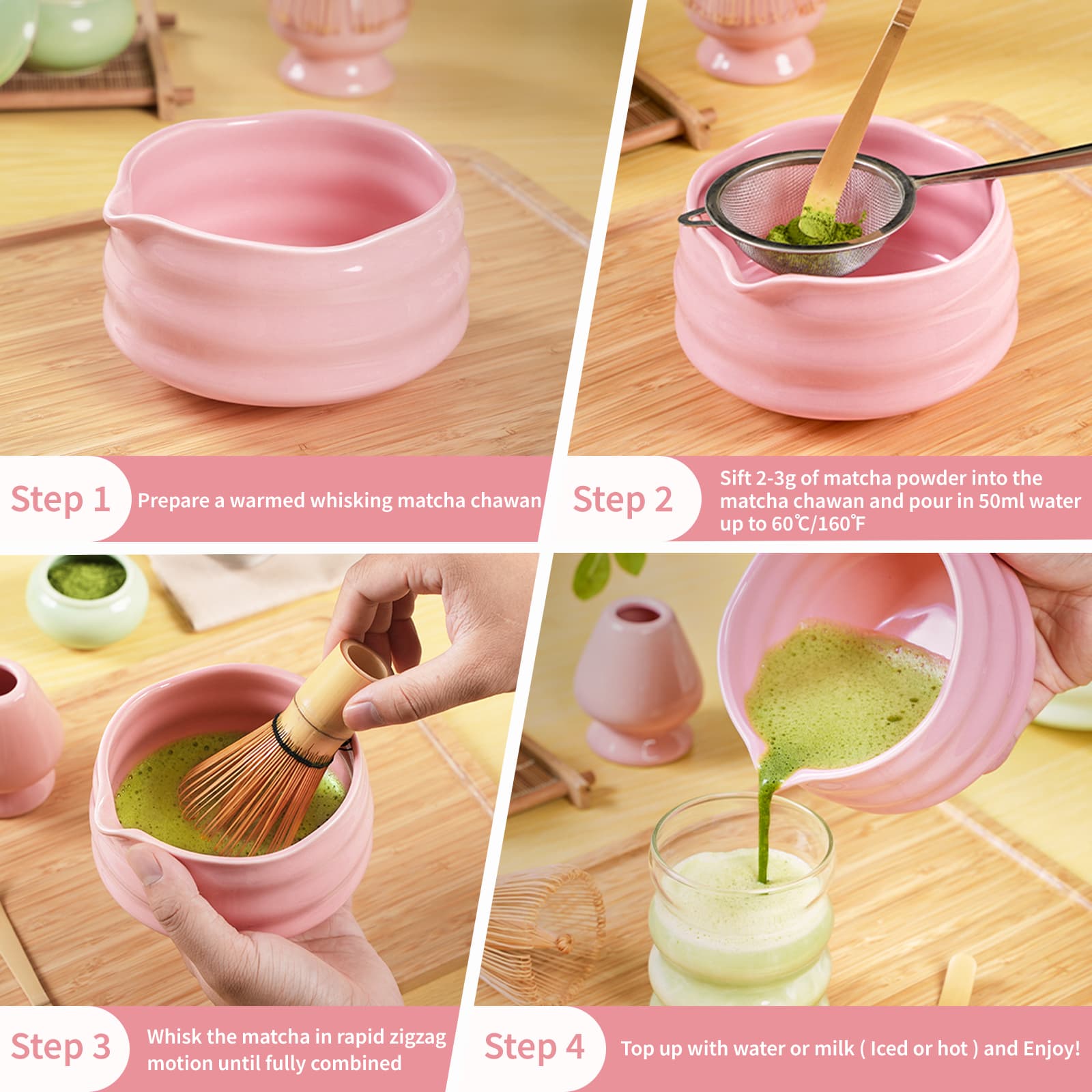 Matcha Kit Set – 7 - Piece Ceramic Spout Bowl Set with Gift Box - ZENRC Matcha Set