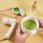 The matcha mate whisk — The Mixing Mate: an electric whisk designed only for matcha (not milk frothing). Delivers silky foam in 30 seconds with zig-zag + W-shape motion. Includes bamboo whisk & holder.