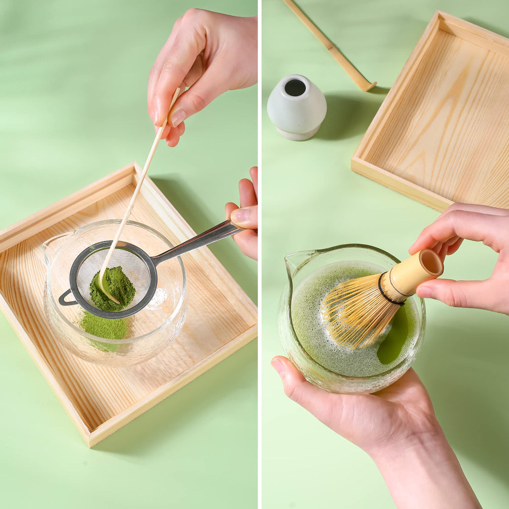 Matcha Travel Set – 7 - Piece Kit with Textured Glass Bowl & Wooden Box (Lid = Tray) - ZENRC Matcha Set