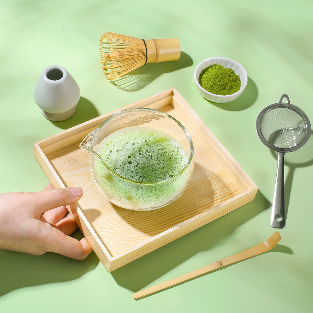 Matcha Travel Set – 7 - Piece Kit with Textured Glass Bowl & Wooden Box (Lid = Tray) - ZENRC Matcha Set