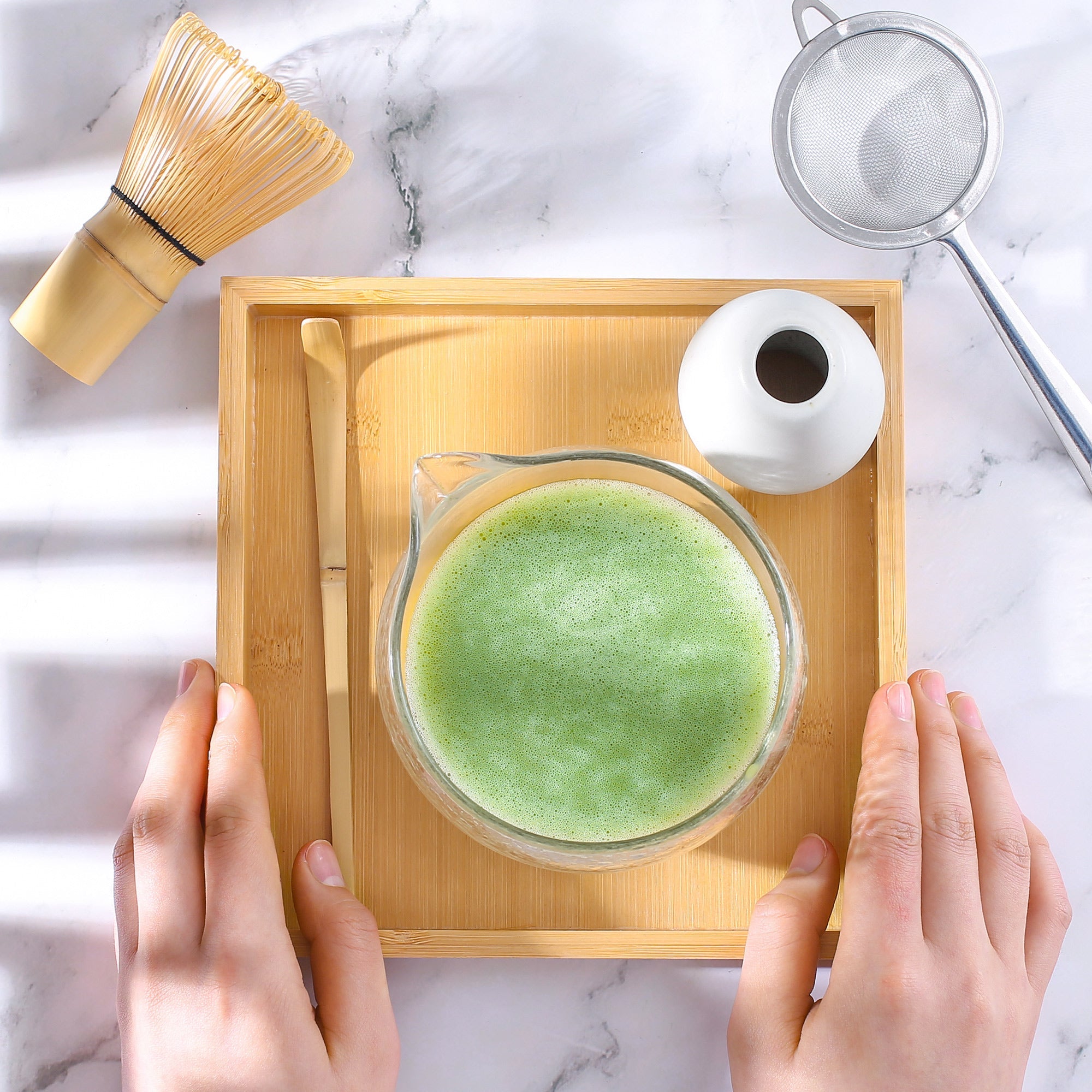 Matcha Travel Set – 7 - Piece Kit with Textured Glass Bowl & Wooden Box (Lid = Tray) - ZENRC Matcha Set